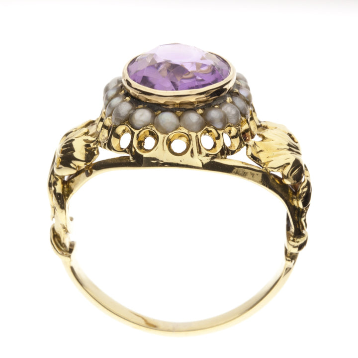 Amethyst Pearl Ring 1930's 14K Yellow Gold 2.50CT