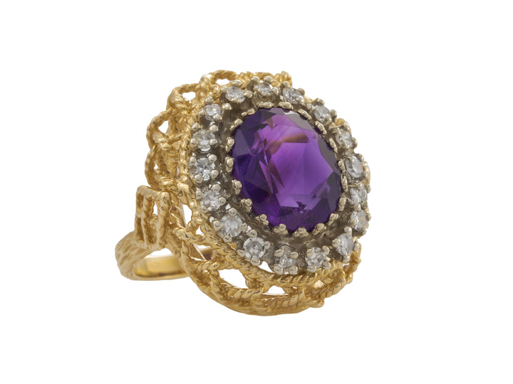 Amethyst Diamond 1970's Ring 14K Yellow Gold 4.40CT