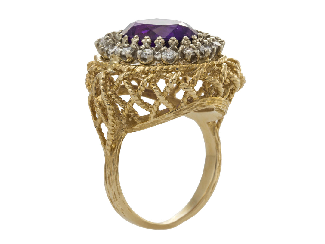 Amethyst Diamond 1970's Ring 14K Yellow Gold 4.40CT