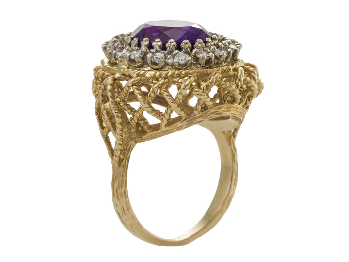 Amethyst Diamond 1970's Ring 14K Yellow Gold 4.40CT