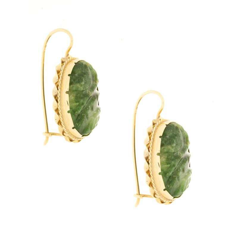 Carved Jade Earrings 14K Yellow Gold