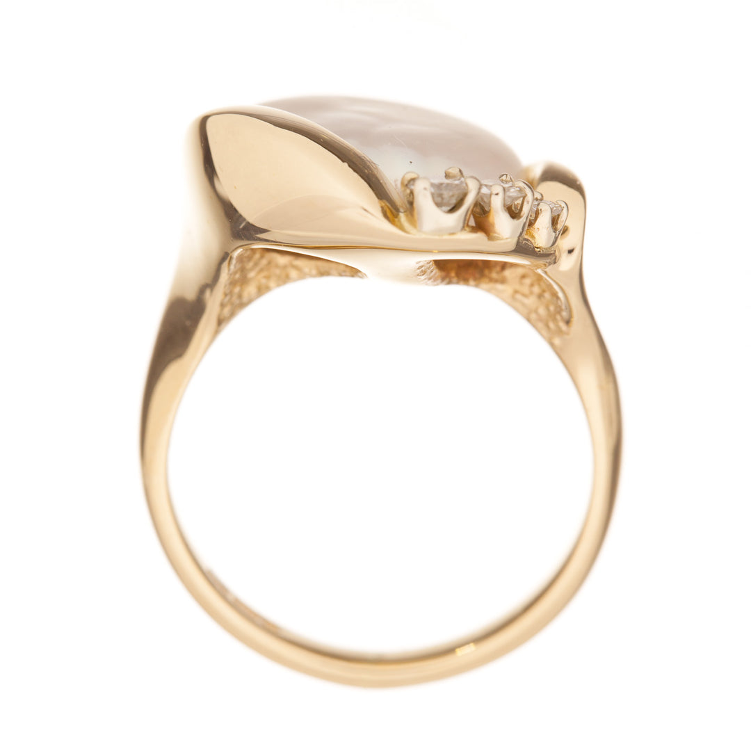 Button Pearl Diamond Ring 14K Yellow Gold