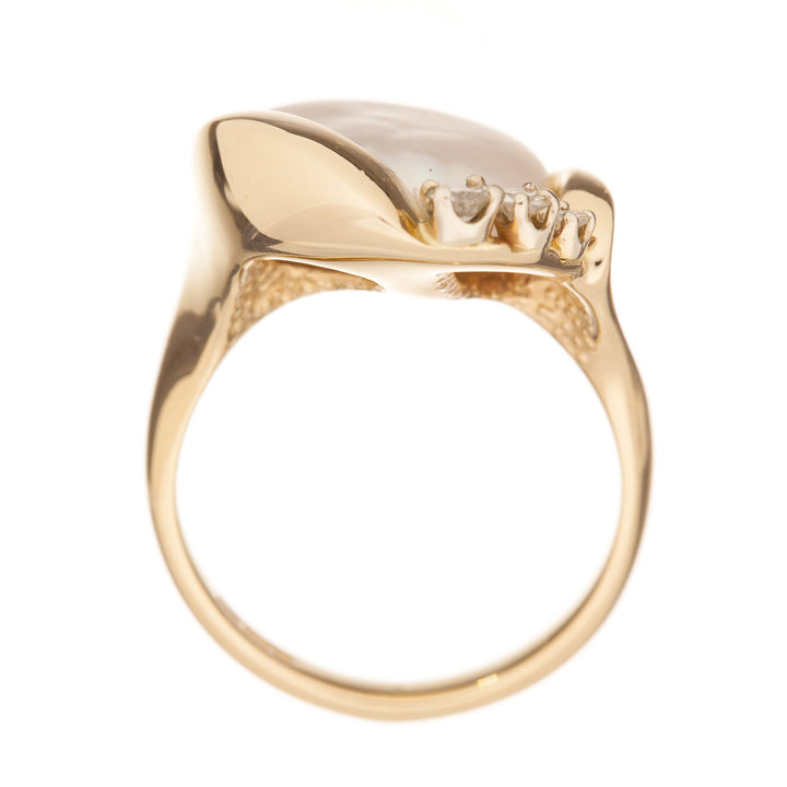 Button Pearl Diamond Ring 14K Yellow Gold