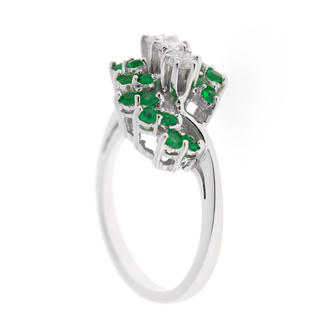 Emerald Diamond Cluster Ring 14K White Gold