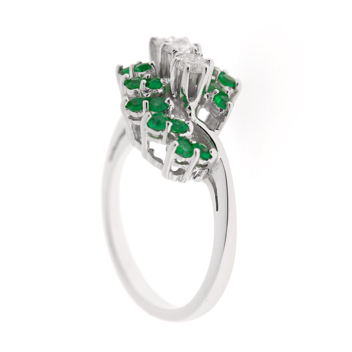 Emerald Diamond Cluster Ring 14K White Gold