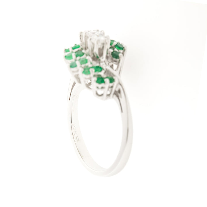 Emerald Diamond Cluster Ring 14K White Gold