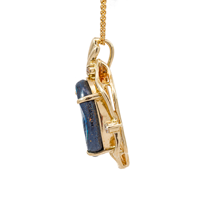 Boulder Opal Natural Diamond Pendant 14K Yellow Gold