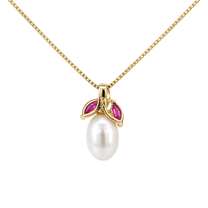 Cultured Pearl &amp; Ruby Fruit Pendant 14K Yellow Gold