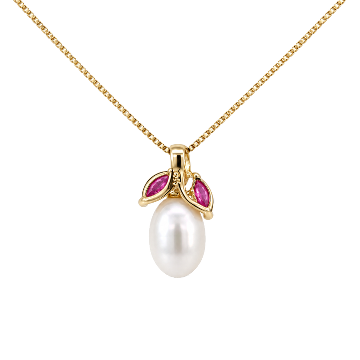 Cultured Pearl &amp; Ruby Fruit Pendant 14K Yellow Gold