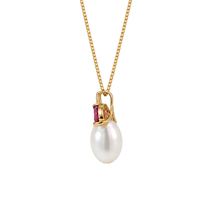 Cultured Pearl &amp; Ruby Fruit Pendant 14K Yellow Gold