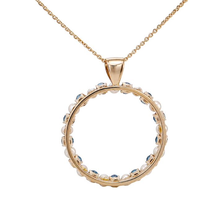 Sapphire &amp; Pearl Open Circle Pendant 2.08CTW 14K Yellow Gold