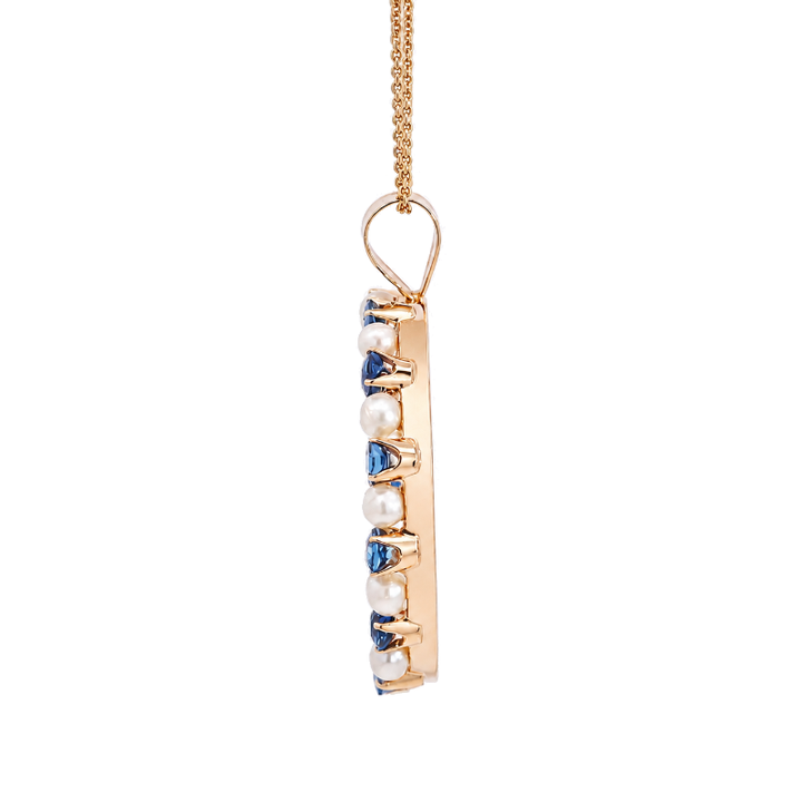 Sapphire &amp; Pearl Open Circle Pendant 2.08CTW 14K Yellow Gold