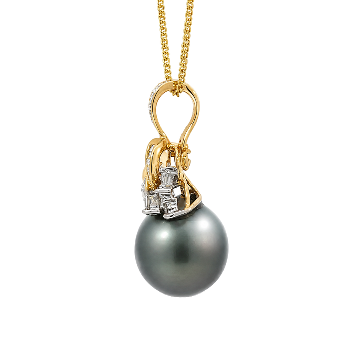 Tahitian Pearl &amp; Diamond Nature Pendant 18K Yellow Gold