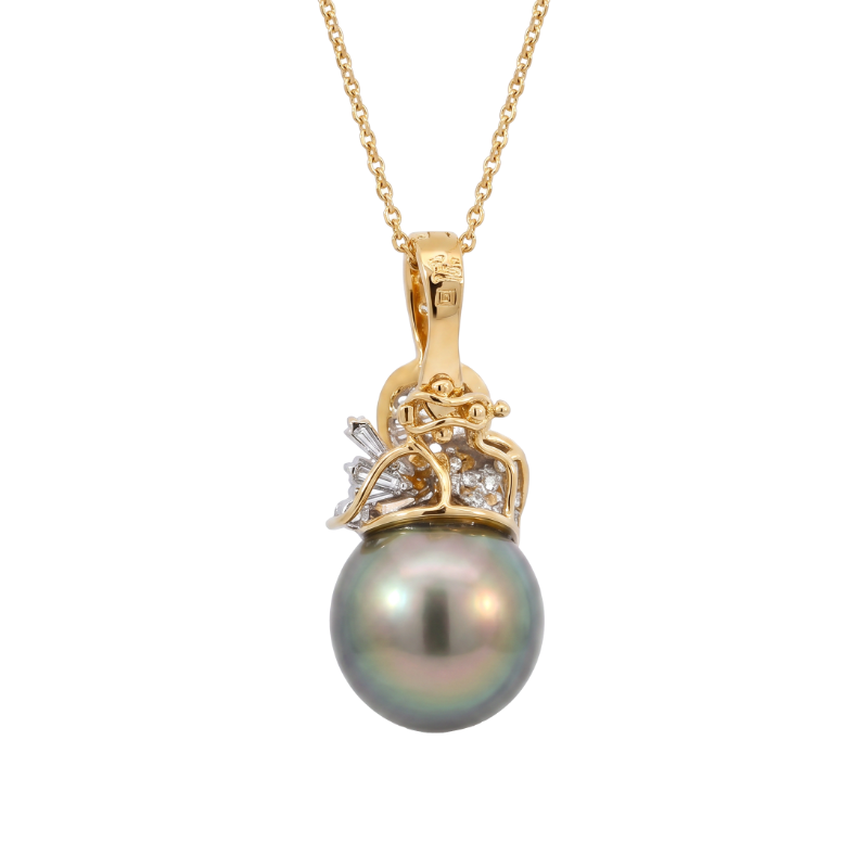 Tahitian Pearl &amp; Diamond Nature Pendant 18K Yellow Gold