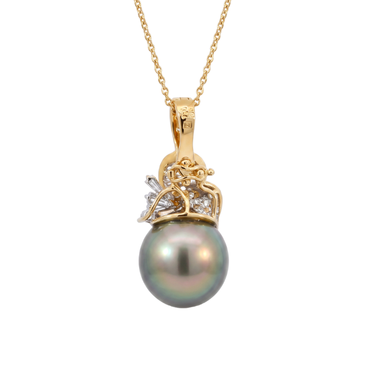 Tahitian Pearl &amp; Diamond Nature Pendant 18K Yellow Gold