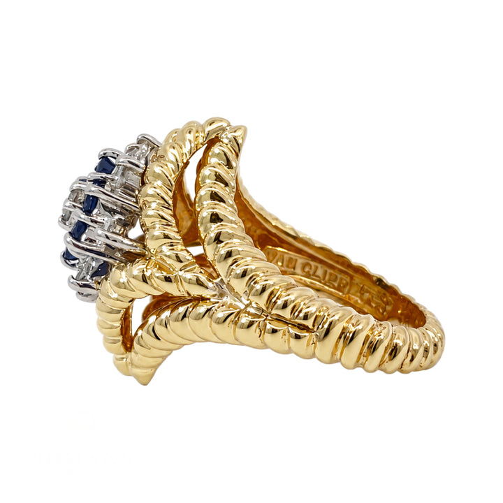 Van Cleef Diamond &amp; Blue Sapphire Cluster Ring 18K Yellow Gold