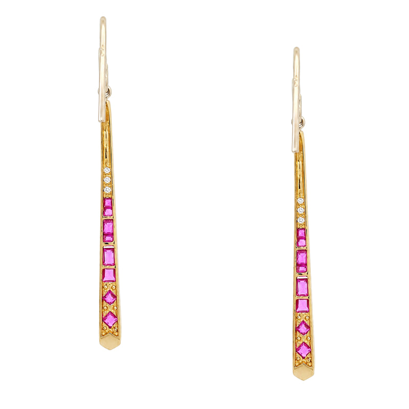 Vintage Ruby Diamond Drop Earrings Platinum 18K Yellow Gold