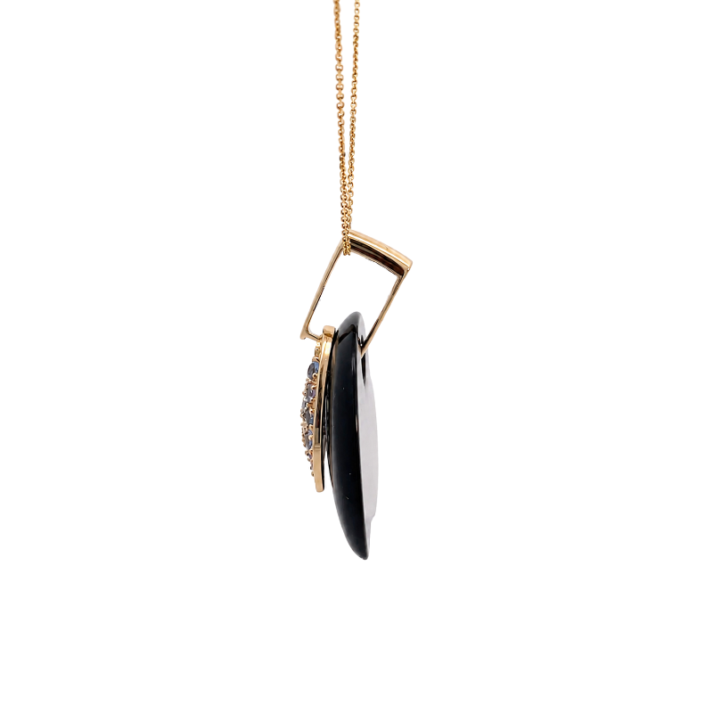 Onyx Heart Pendant Cornflower Blue Sapphires 14K Yellow Gold