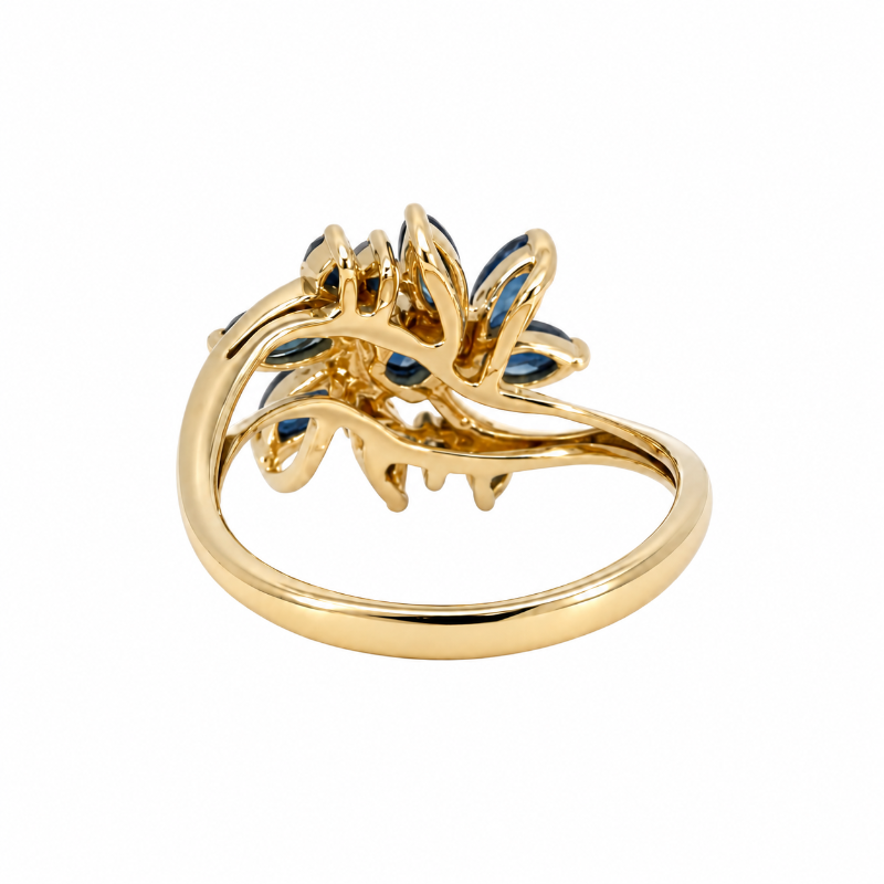 Blue Sapphire Diamond Flower Ring 14K Yellow Gold 0.92CTW