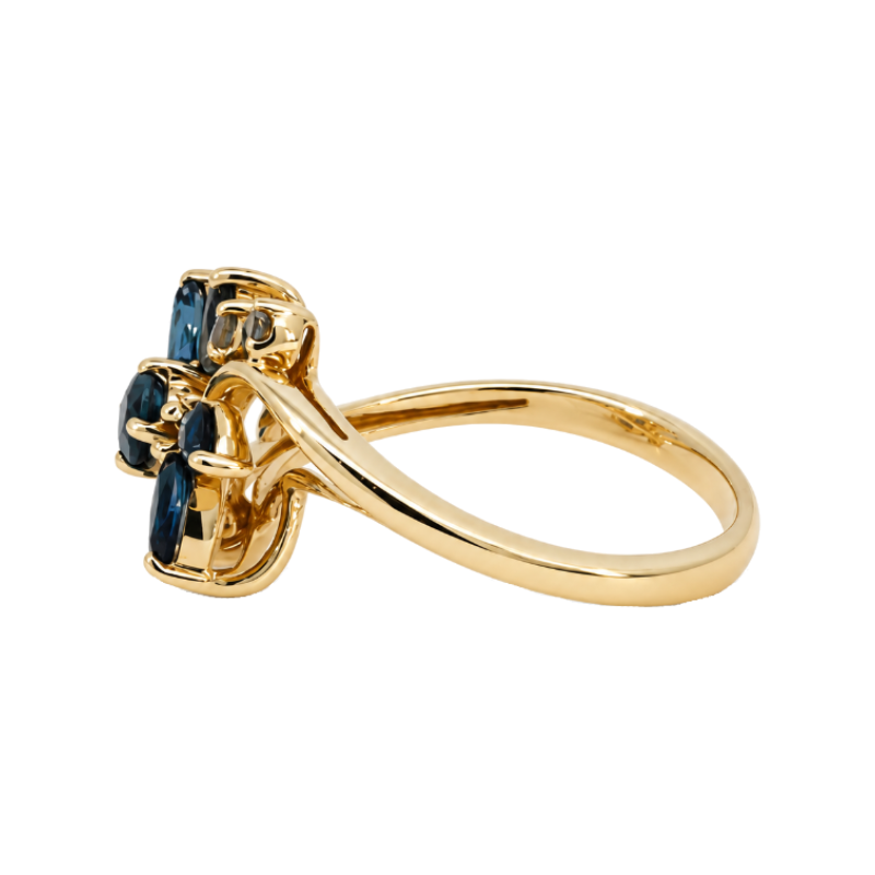 Blue Sapphire Diamond Flower Ring 14K Yellow Gold 0.92CTW