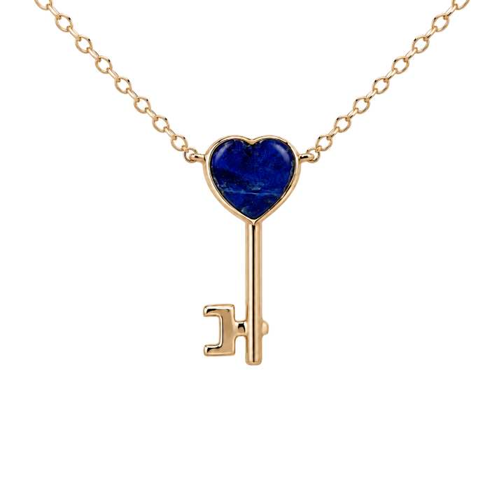 Lapis Diamond Heart Key Necklace 14K Yellow Gold .01CT