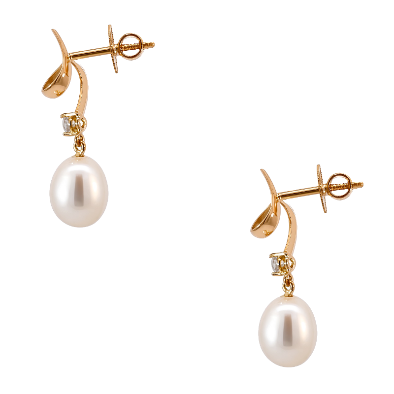 Pearl Diamond Dangle Earrings 22K Yellow Gold 0.06CTW