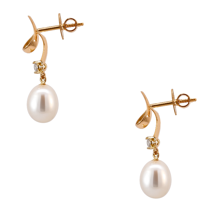 Pearl Diamond Dangle Earrings 22K Yellow Gold 0.06CTW