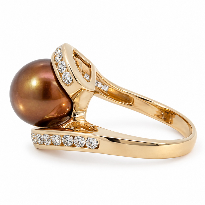 Brown Pearl Diamond Bypass Ring 0.25CTW 14K Yellow Gold