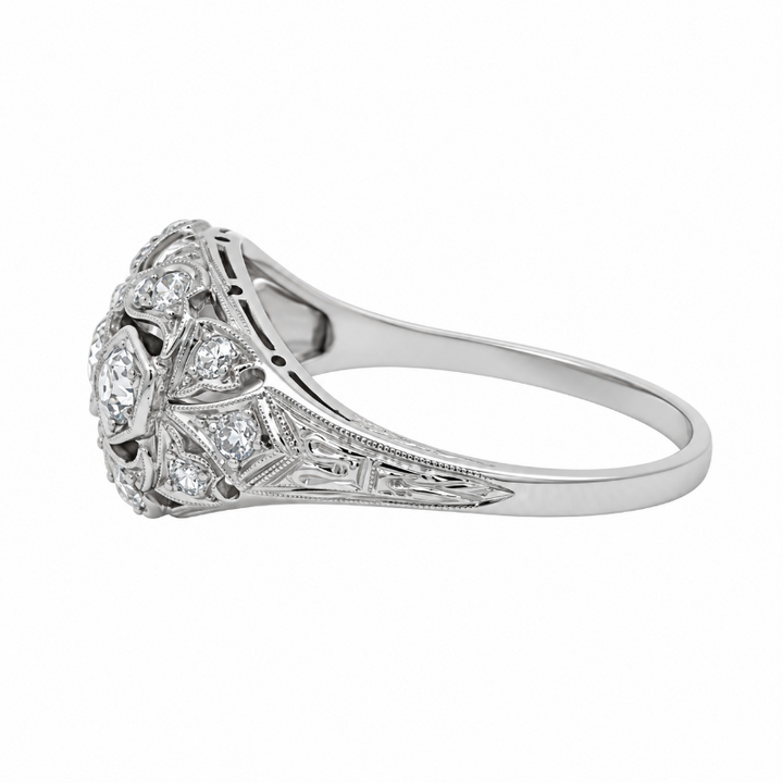 Old Mine Cut Diamond Vintage Filigree Dome Ring Platinum .60CTW
