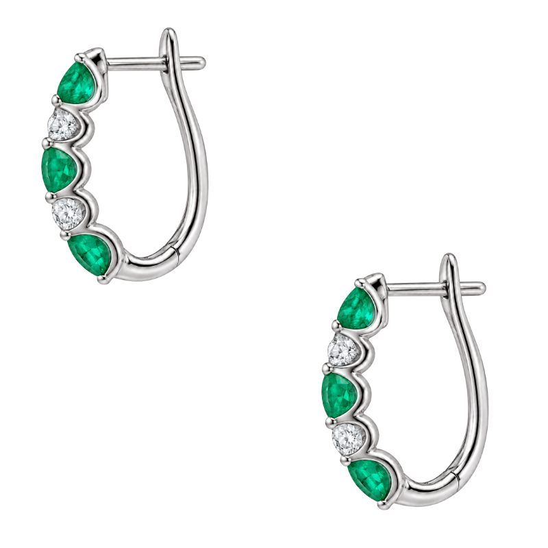 Natural Oval Emerald &amp; Diamond Hoop Earrings 14K White Gold 1.30CTW
