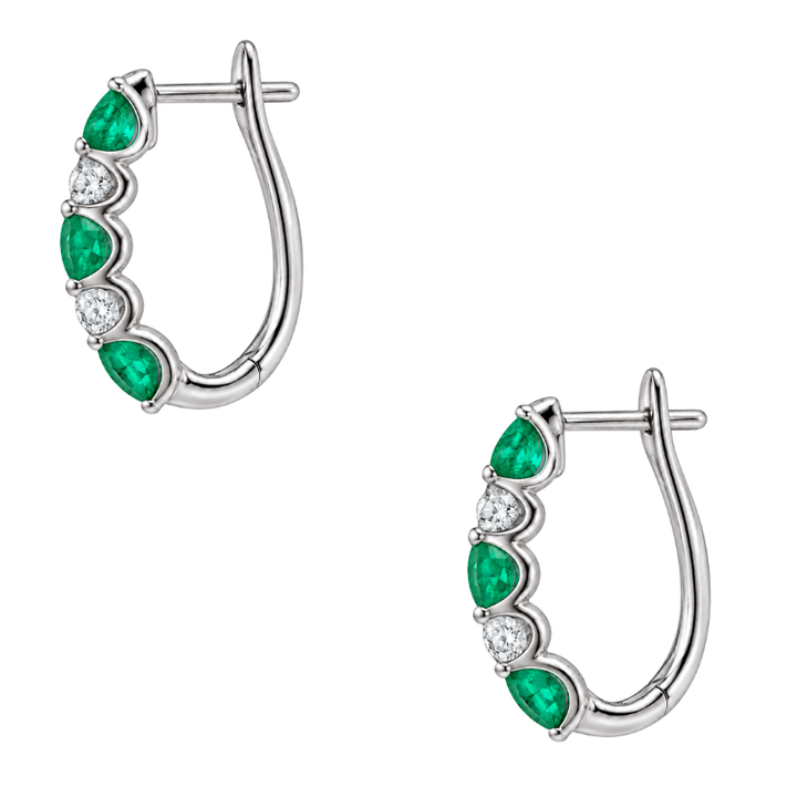 Natural Oval Emerald &amp; Diamond Hoop Earrings 14K White Gold 1.30CTW