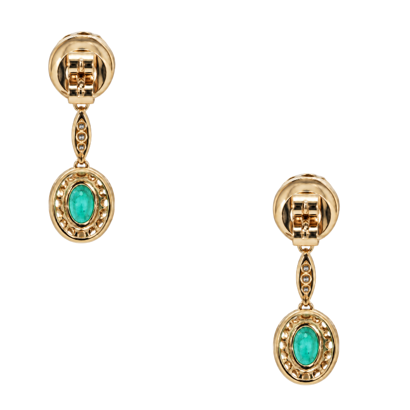 Natural Oval Emerald &amp; Diamond Halo Dangle Earrings 14K Yellow Gold 2.68CTW