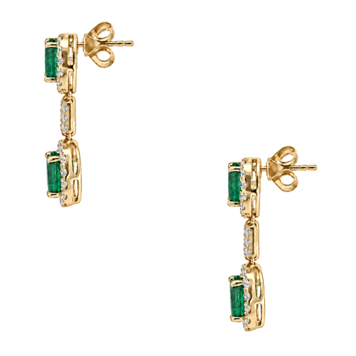 Natural Oval Emerald &amp; Diamond Halo Dangle Earrings 14K Yellow Gold 2.68CTW