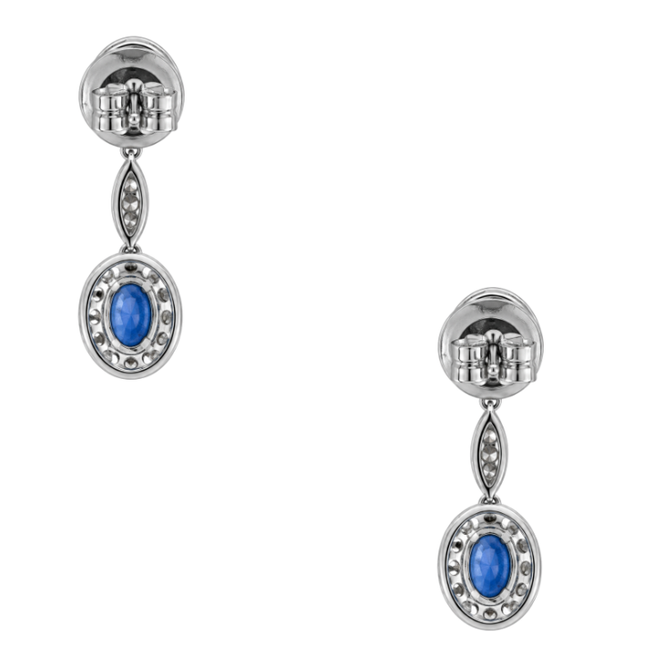 Natural Oval Sapphire &amp; Diamond Halo Dangle Earrings 14K White Gold 3.23CTW