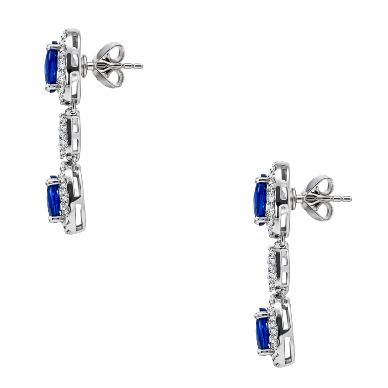 Natural Oval Sapphire &amp; Diamond Halo Dangle Earrings 14K White Gold 3.23CTW
