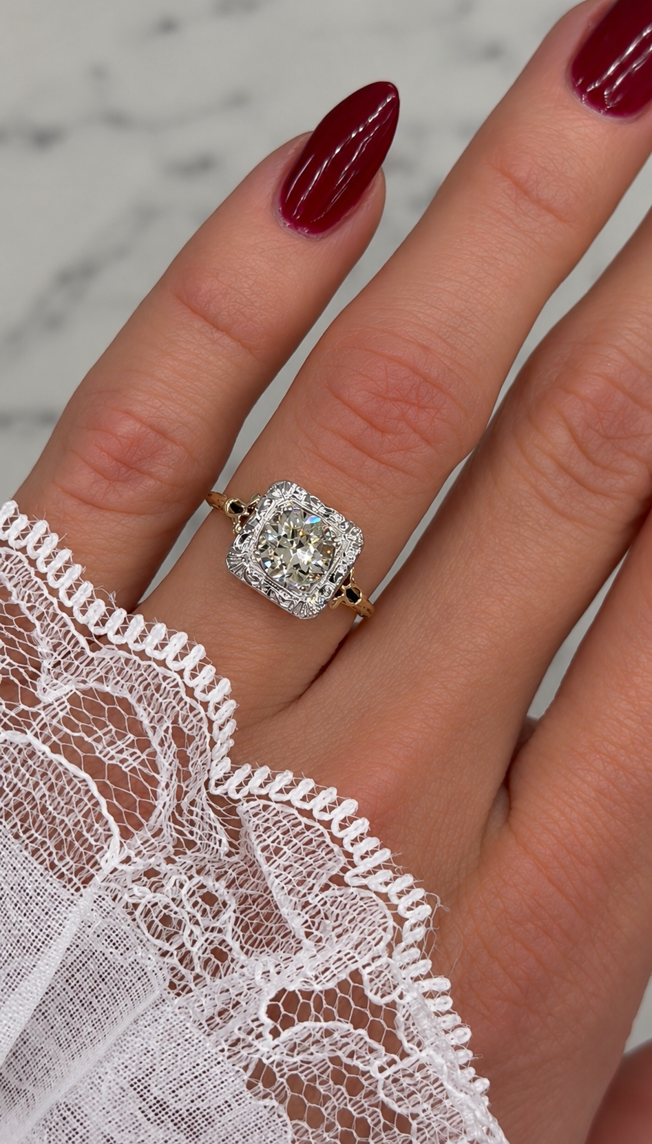 Old European Diamond Filigree Engagement Ring 14K Two Tone 1.40CT