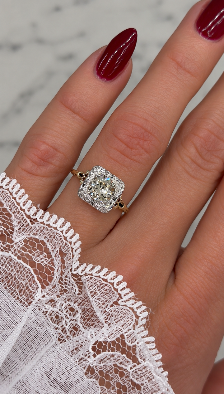 Old European Diamond Filigree Engagement Ring 14K Two Tone 1.40CT
