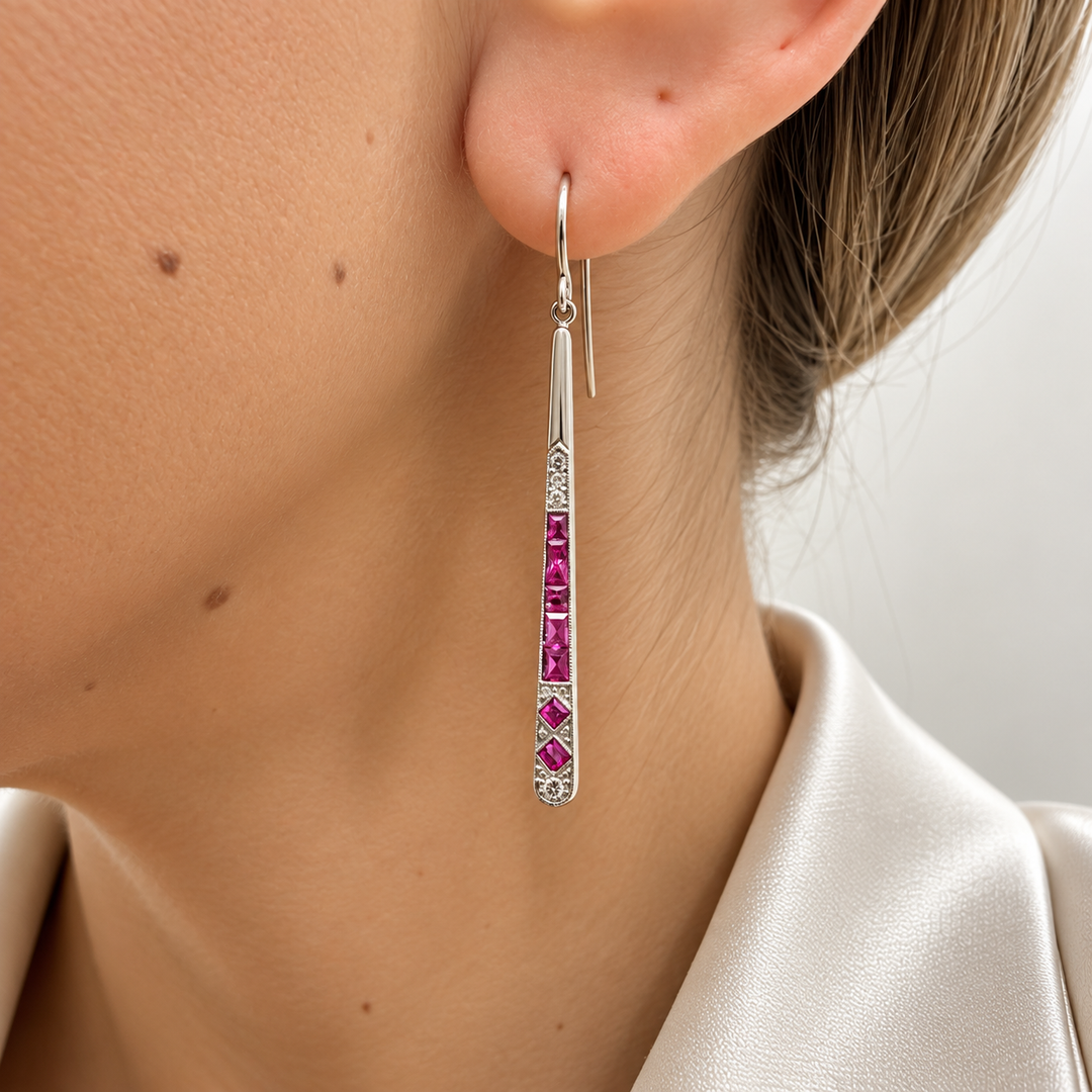 Vintage Ruby Diamond Drop Earrings Platinum 18K Yellow Gold