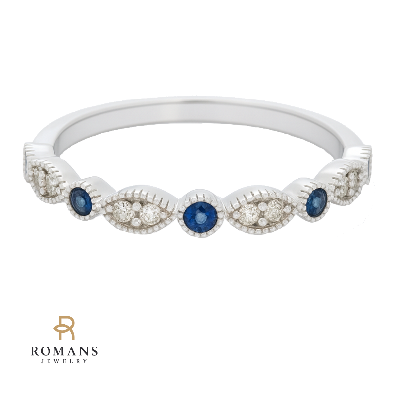 Alternating Blue Sapphire Diamond Band 14K White Gold .13CTW