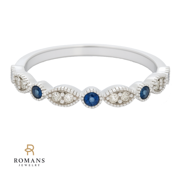 Alternating Blue Sapphire Diamond Band 14K White Gold .13CTW