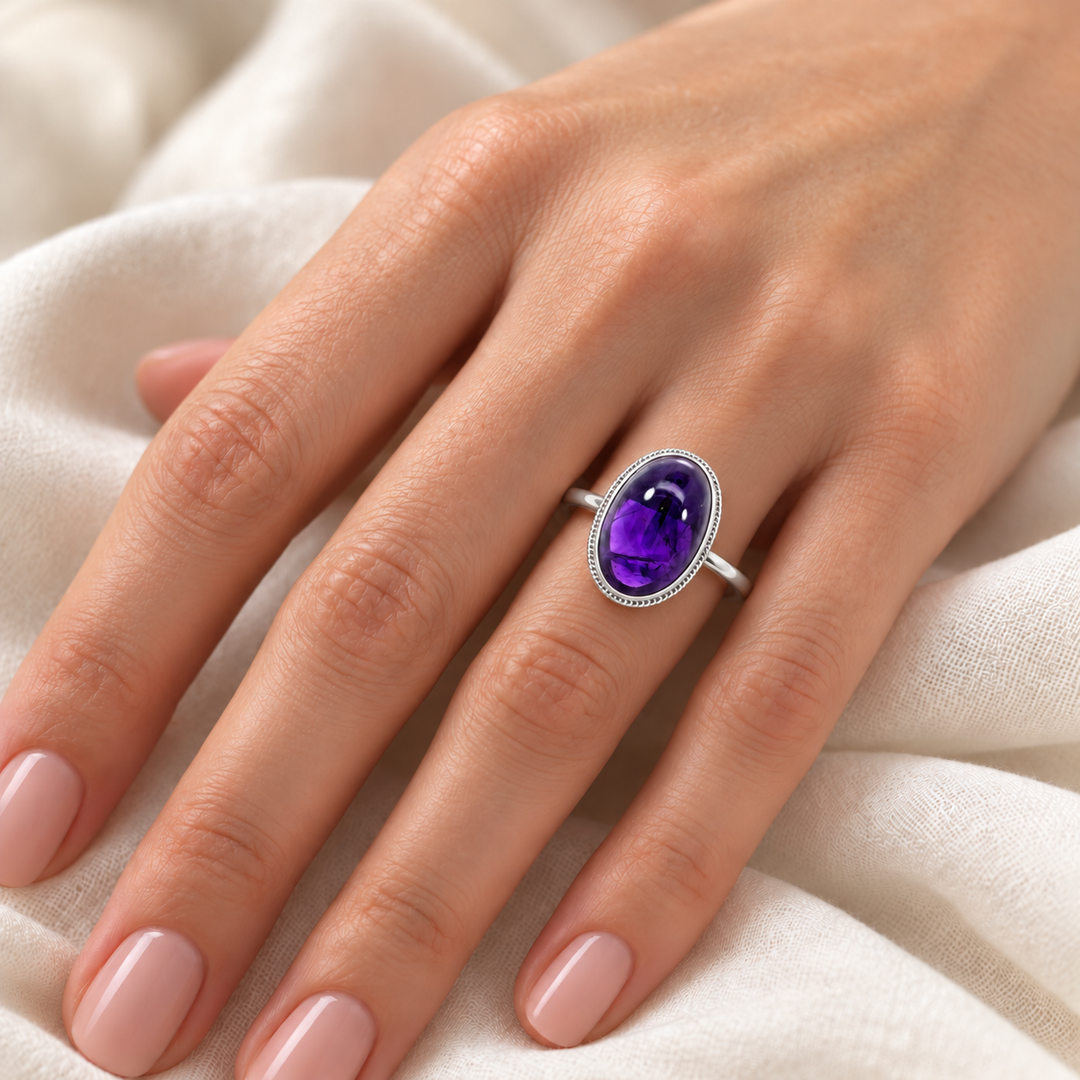 Cabochon Amethyst Solitaire Ring 14K White Gold 12.07CT