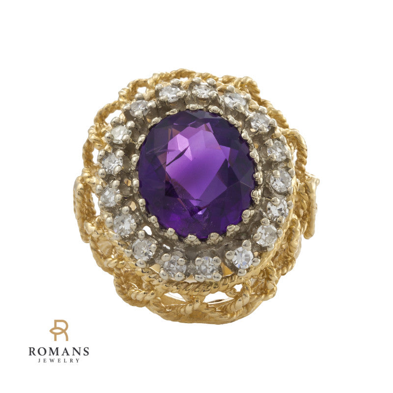 Amethyst Diamond 1970's Ring 14K Yellow Gold 4.40CT