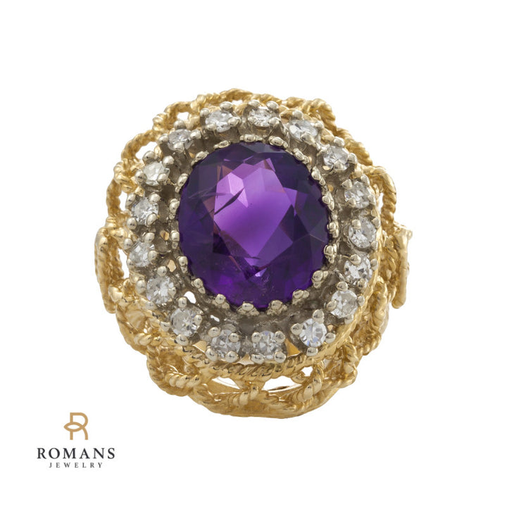 Amethyst Diamond 1970's Ring 14K Yellow Gold 4.40CT