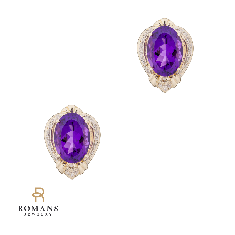 Amethyst Diamond Dangle Earrings 14K Yellow Gold