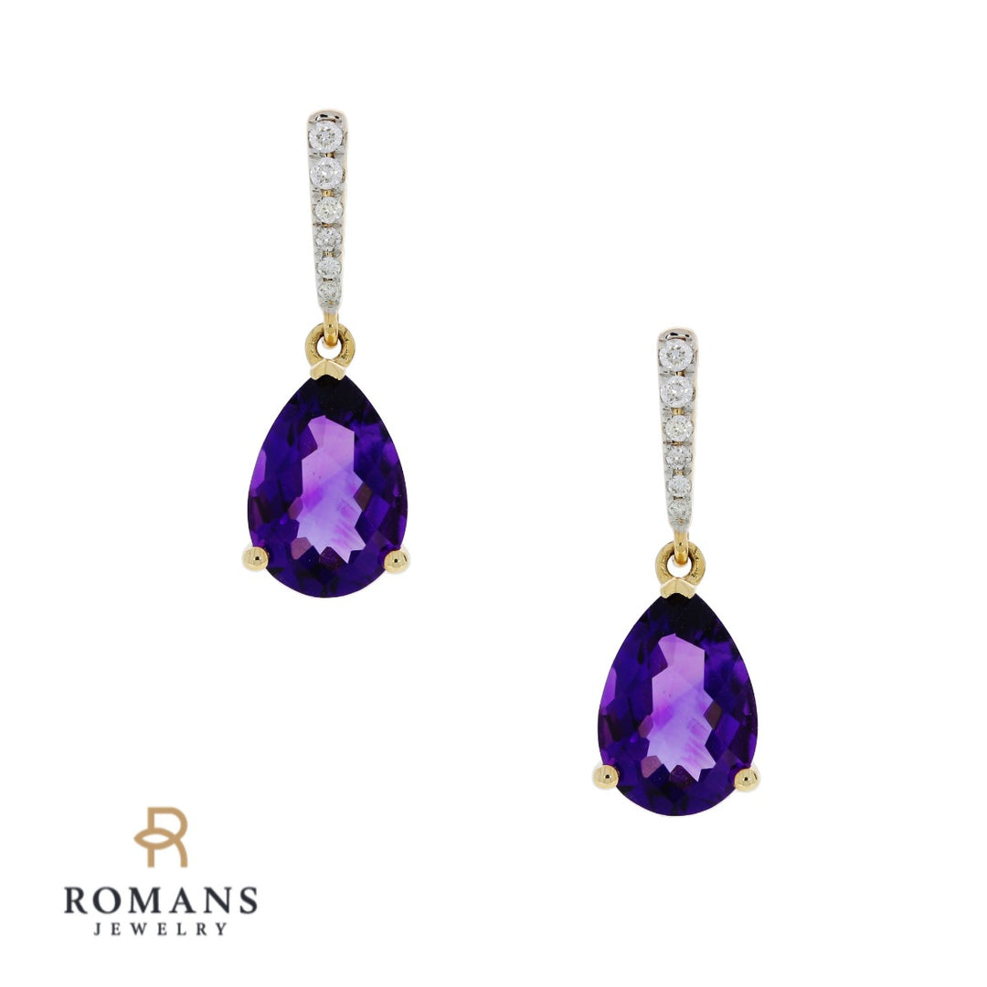 Amethyst Diamond Drop Earrings 14K Yellow Gold 3.78CTW