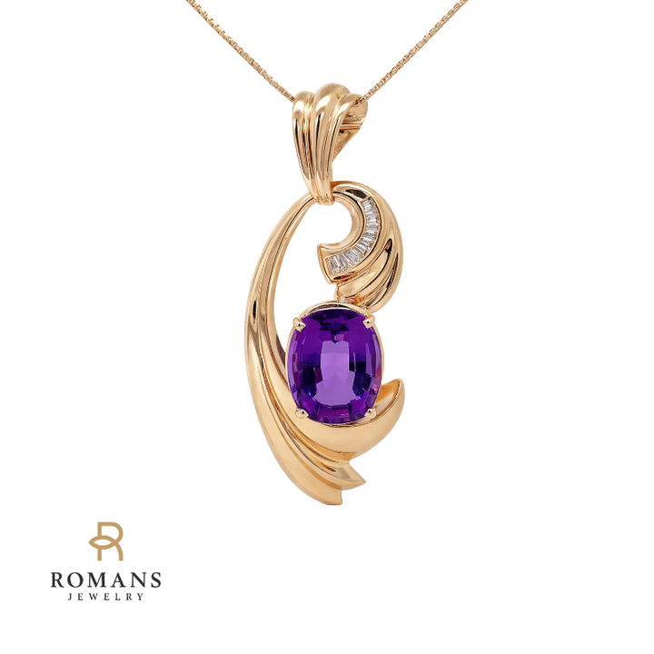 Amethyst Diamond Swirl Statement Pendant 18K Yellow Gold 15.17CT