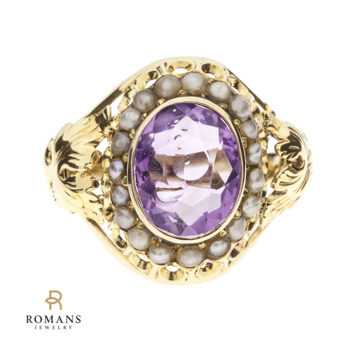 Amethyst Pearl Ring 1930's 14K Yellow Gold 2.50CT