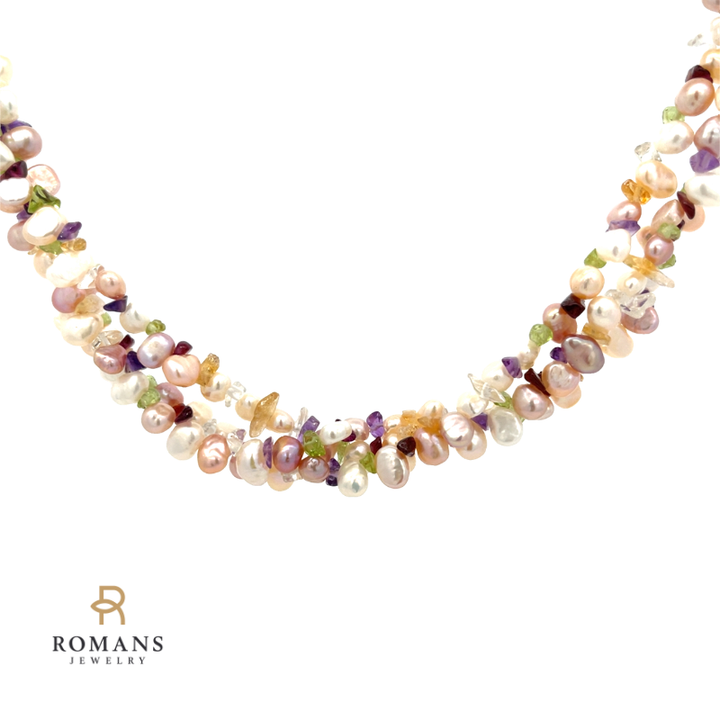 Pearl, Amethyst, Citrine, Peridot, White Topaz, Triple Strand Necklace 14K Yellow Gold