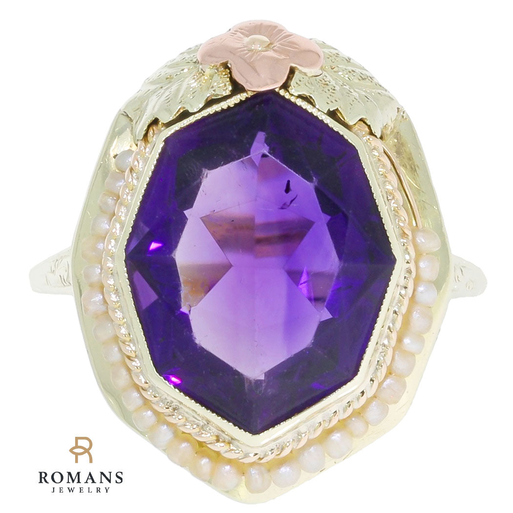 Amethyst Polygonal Seed Pearl Ring 14K Yellow Gold