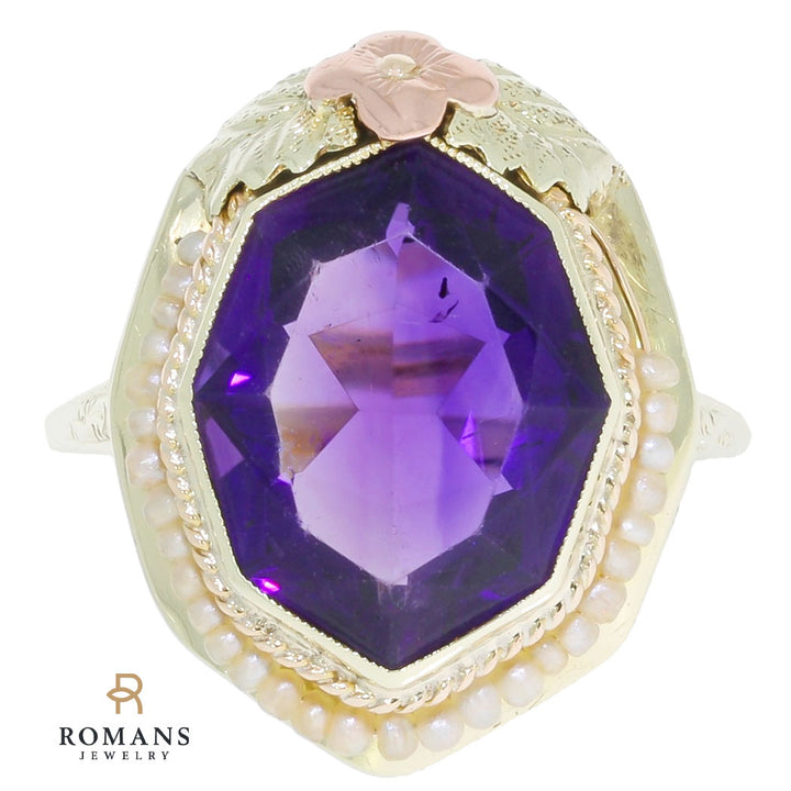 Amethyst Polygonal Seed Pearl Ring 14K Yellow Gold